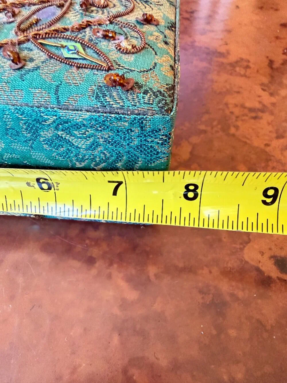 Turquoise Beaded Embroidered Jewelry Box Mirror Trinket Case 7.5 x 5 x 2.5